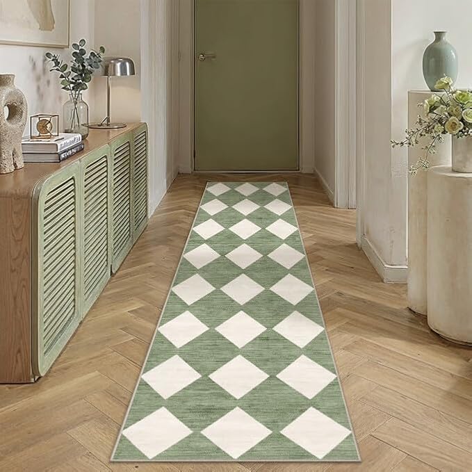 Green 2x8 Washable Runner Rug Kitchen Non Slip Checkered Carpet | Soft, Low Pile, Easy Clean, Diamond Pattern for Hallway, Entryway, Laundry Room, Bathroom, Modern Indoor Decor