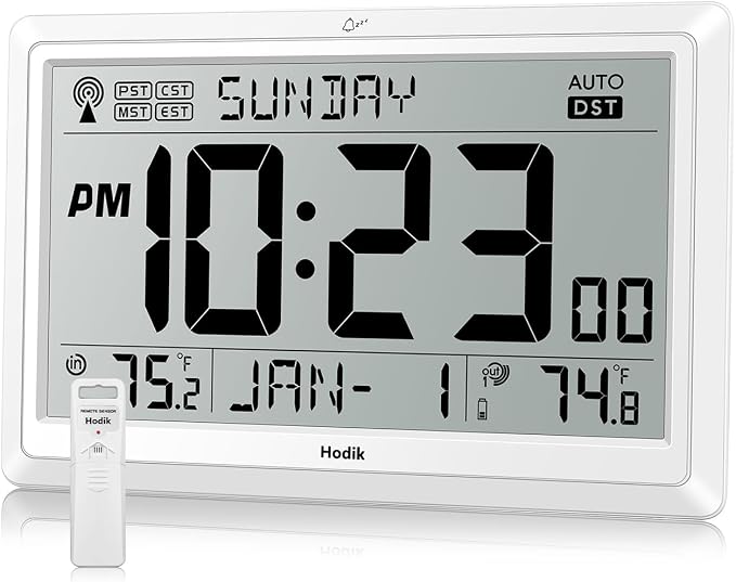 HODIK Wall Clock Atomic with Indoor Outdoor Temperature Battery Powered, Easy Reading with 10.5 Inch LCD Display, 330FT Range Table Wall Clock with DST, 12/24 Hour for Living Room Kicthen (White)