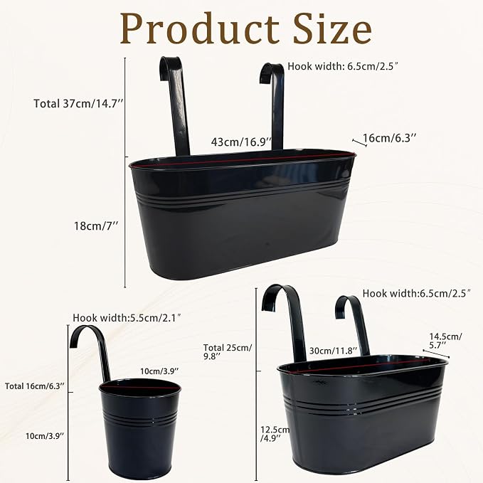 Set of 6 Balcony Hanging Planters, 2 Pcs 17" Metal Railing Flower Pots & 2 Pcs 12" Deck Planter & 2 Pcs 4" Fence Pot for Outdoor Patio Garden Décor, Black