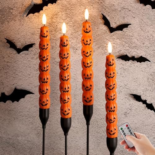 Orange Pumpkin Halloween Flameless Taper Candles with Remote by Girimax