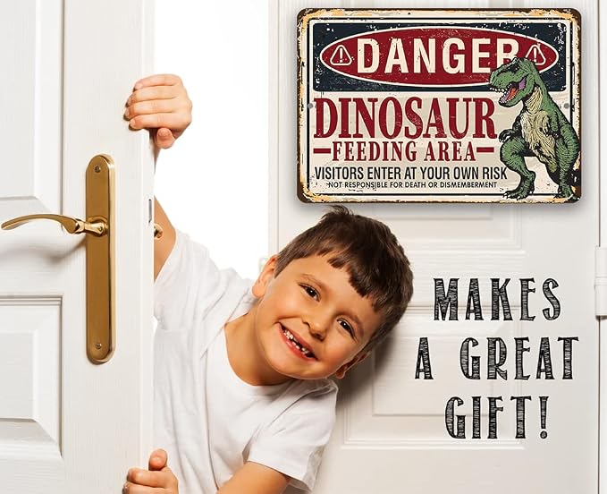Danger, Dinosaur Feeding Area - Great Boy's Room Decor, Vintage Warning Signs for Kids Bedroom and Playroom, Great Baby Shower and Birthday Gifts, 12x18 Indoor/Outdoor Durable Metal Sign