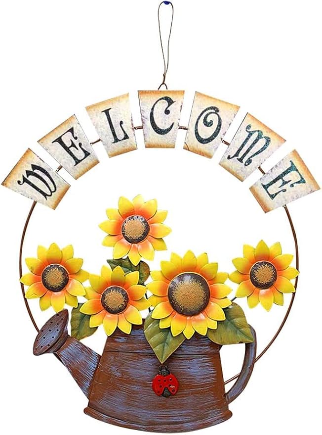 Morning View Metal Sunflower Welcome Sign Hanging Flower Wall Decor Door Sign Decorative Wall Plaque Outdoor Garden Porch Yard Home Decor 14X15.5 Inch