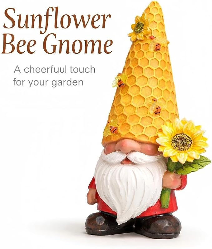 12.3'' Sunflower Garden Gnomes Statue with Solar Bee Lights | Fall Decorations ,Outside Decor, Yard Art Lawn Ornaments, Porch Patio Balcony Home House, Gifts for Mom Grandma Women