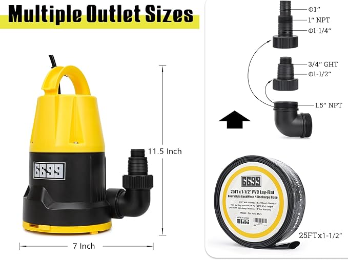 Submersible Sump Pump 5000GPH High Flow with 25FT x 1-1/2” Discharge Hose Drain Water Pump Kit 1HP Portable Utility Pump Easy to Use for Flooded Basement Rain Barrel