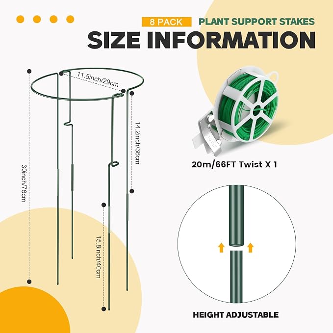 Menkxi 16 Pack Plant Support Stakes 30" H x 11.5" W Half Round Peony Cages and Supports with 66 ft Twist Tie Metal Plant Stakes for Indoor Outdoor Flower Peony Tomato Hydrangea