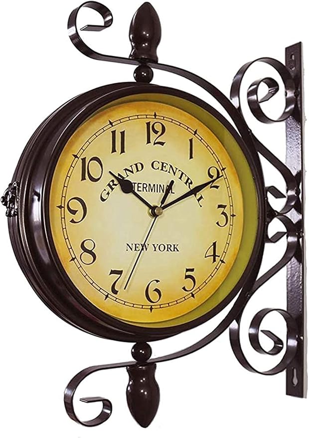 Vintage Wall Mounted Clock Outdoor Double Sided Clock, Metal Vintage Double Sided Hanging Clock, for Patio, Garage, Outdoor Area Antique Look Train Station Clock Two Sided Clock for Indoors/Outdoors