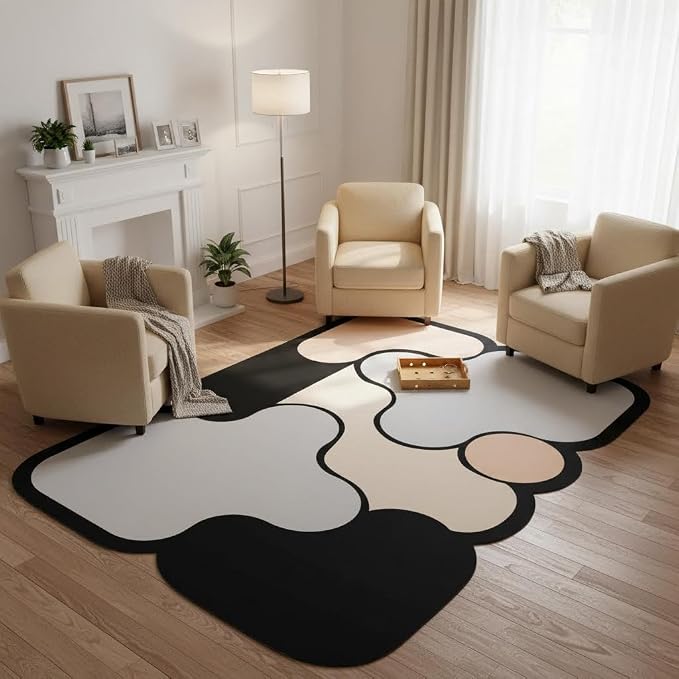 Unique Contemporary Geometric Design Irregular Shape Faux Wool Area Rugs for Living Room Dining Room Office Dorm Decor Black Beige Taupe Funny Mats Easy Clean Thin Quick Dry Durable Carpets 2x3