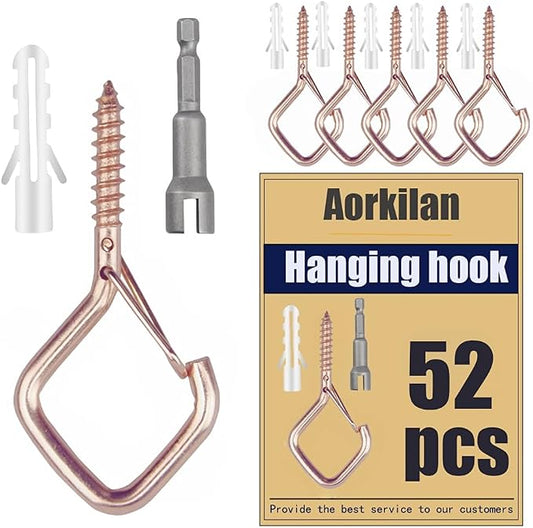 52-Pack Heavy-Duty Rose Gold Screw Eye Hooks with Safety Clips | Metal Ceiling Hooks for Hanging Plants, Wind Chimes, Bird Feeders & Indoor/Outdoor Lights