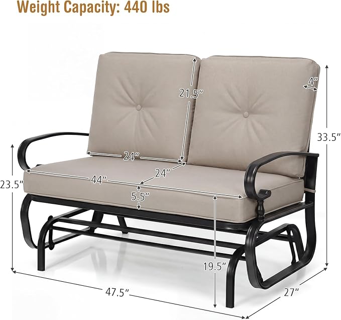 Giantex Outdoor Glider Bench, Patio 2 Person Loveseat with Removable Cushion, Thick Padded Seat, Stable Steel Frame, Outside Glider Swing Chair for Deck, Poolside, Yard, Balcony, Porch, Beige
