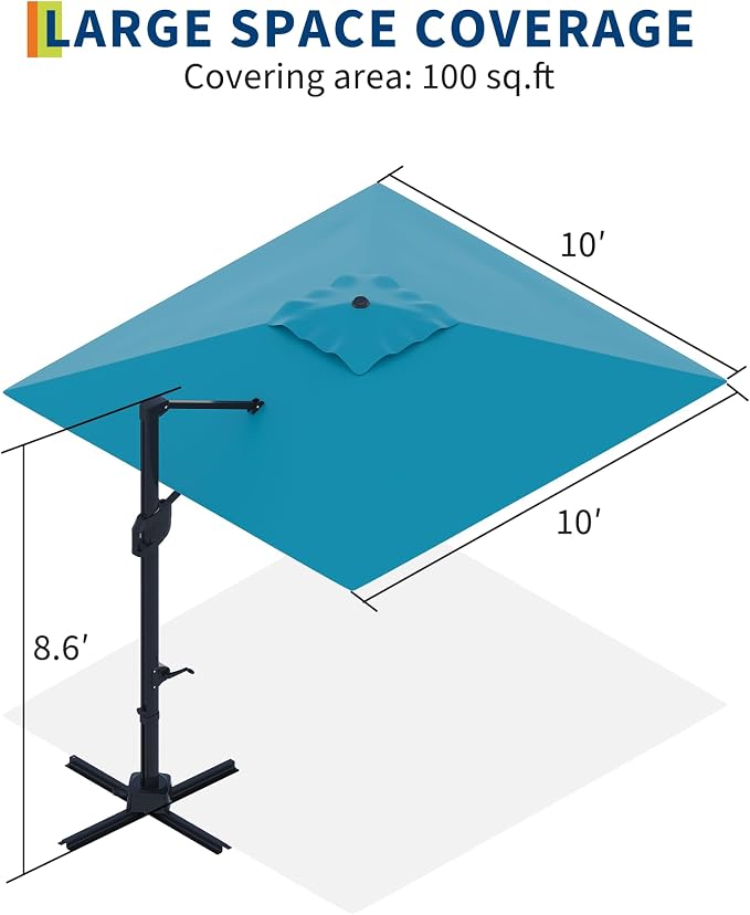 PeakPursuit 10' x 10' Square Cantilever Umbrella - Heavy Duty Aluminum Patio Sun Shade Offset Umbrella with 360-Degree Rotation for Outdoor Decor, Backyard, Deck, Pool