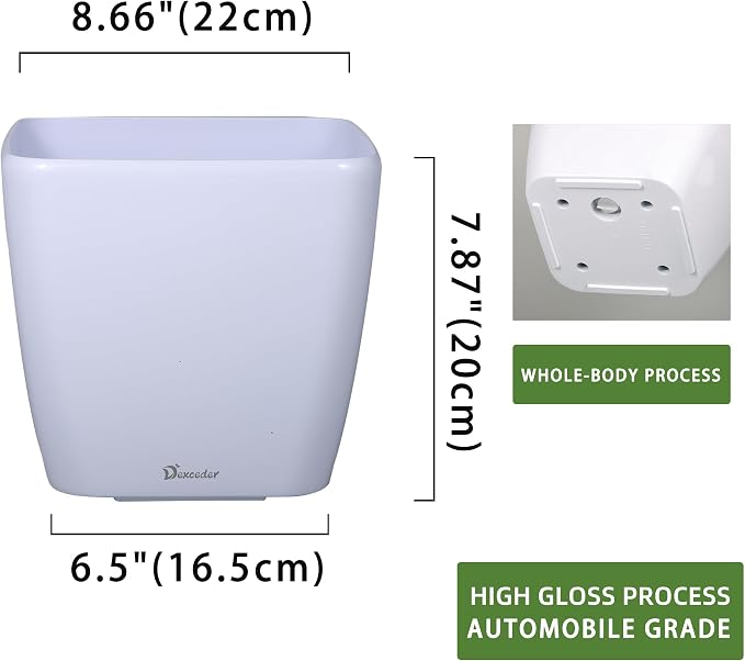 Dexceder 9x8 Self Watering Planter (White High Gloss) | Inner Mat Design, Thickened Table Flower Plant Pot with Water Level Indicator Indoor Outdoor