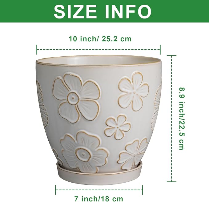 MPotTo 10 Inch Ceramic Planter Pot Large Plant Pot for Indoor Plants Outdoor Round Flower Pot with Drainage Hole and Saucer for Home Garden Decor White