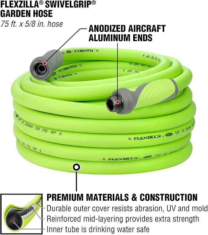 Flexzilla Garden Hose with SwivelGrip, 5/8 in. x 75 ft., ZillaGreen & Garden Hose 5/8 in. x 75 ft, Heavy Duty, Lightweight, Drinking Water Safe, ZillaGreen - HFZG575YW-E