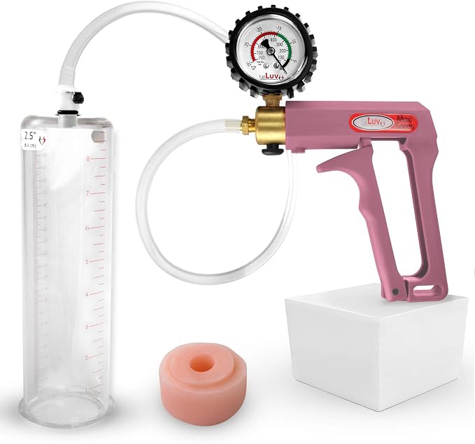LeLuv Penis Pump Maxi Pink Nylon Handle + Protected Gauge - Bundle with Clear Hose, Silicone Donut Seal - 9 inch Length x 2.50 inch Diameter Cylinder