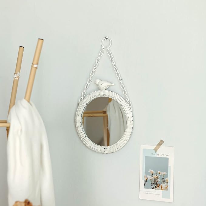 NIKKY HOME 6.7 Inch Decorative Small Hanging Mirrors Vintage Rustic Round Metal Framed Wall Mounted Mirror Decor with Bird for Bathroom Living Room Office, Rustic White