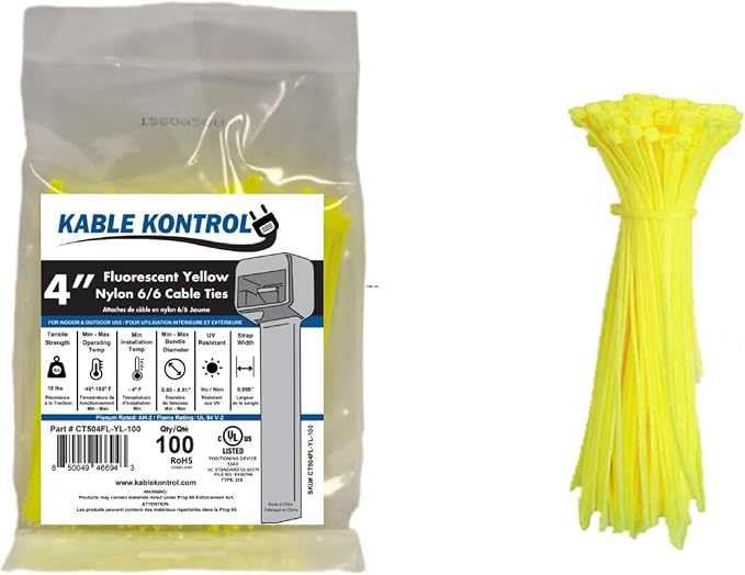Kable Kontrol Fluorescent Yellow Zip Ties 4 Inch 100 Pcs, 18 Lbs Tensile Strength, Self-locking Nylon Colored Cable Ties Wire Wraps for Indoor or Outdoor Use…