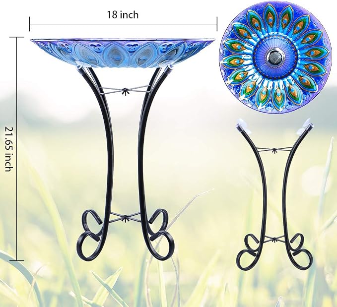 MUMTOP Outdoor Glass Birdbath Solar Birdbaths with Metal Stand for Lawn Yard Garden Peacock Decor,18” Dia 21.65 Height