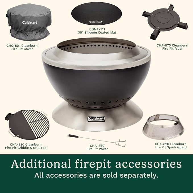Cuisinart 24” Cleanburn Smokeless Fire Pit with Removable Base for Ash, Portable Wood Burning Outdoor Fireplace, Stainless Steel Smoke Free Outdoor Heater, Enhanced Airflow and Easy Cleanup