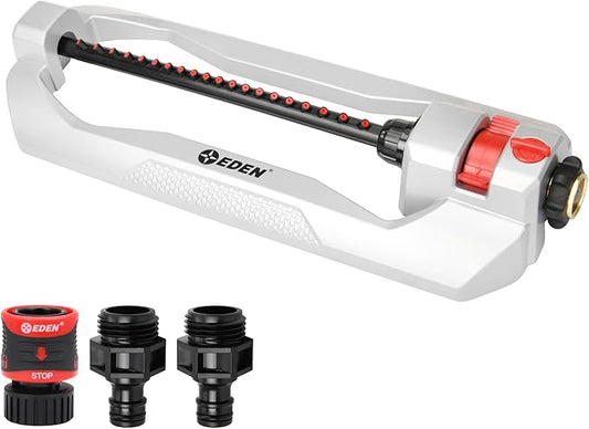 Eden 94111 Heavy Duty Metal Oscillating Sprinkler, Covers Up to 3,328 sq. ft., 20 Precision Nozzles, Flow Control, Adjustable Range, Quick Connect Bundle, Silver, Red, Black