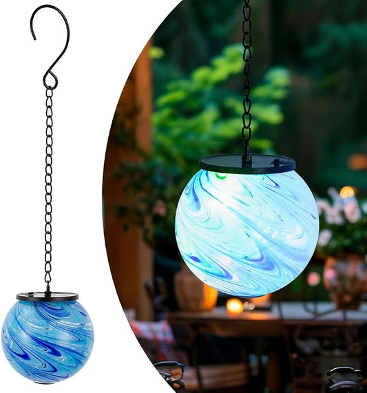 Solar Hanging Lanterns Outdoor, Solar Gazing Ball Lights, Waterproof Hanging Glass Light for Garden Yard Tree Home Xmas Decoration, Blue Swirl