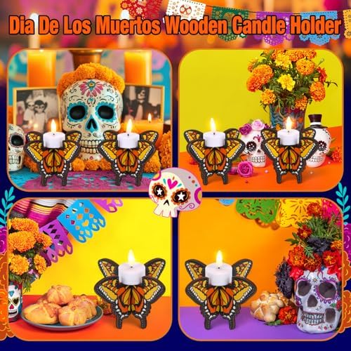 6 Pcs Lemonroad Day of the Dead Wooden Butterfly Candleholder Tabletop - Image 5