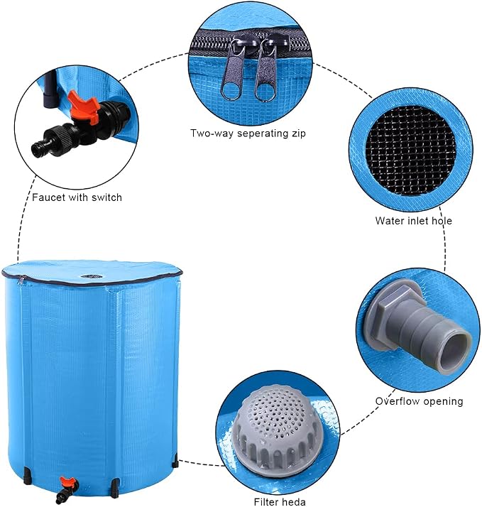 50 Gallon Folding Rain Barrel Water Tank, Portable Water Storage Tank, Rainwater Collection System Downspout, Upgraded Water Catcher Container with Filter (50 Gallon, Blue)