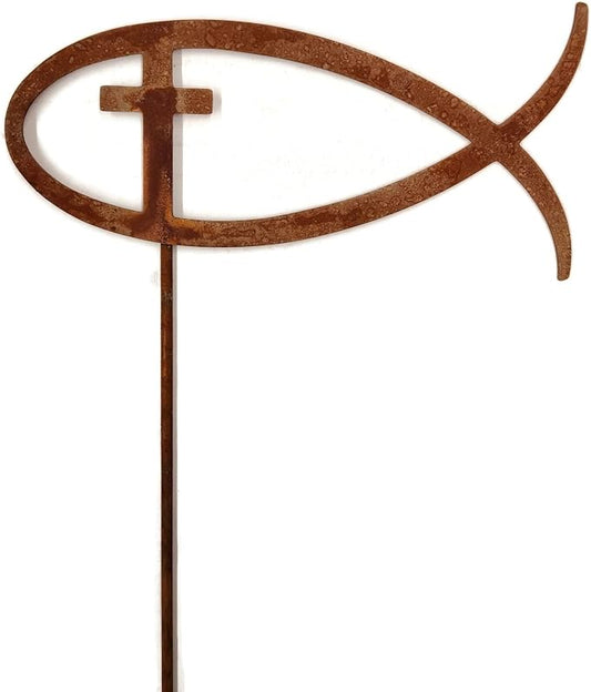 Christian Jesus Fish Metal Steel Garden Landscape Stake 20 to 33 Inches Tall (Jesus Fish with Cross 33" Tall Including Stake, Naturally Rusted)