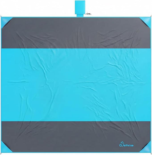 Wolfwise 78" × 81" XXL Beach Blanket, Waterproof & Sandproof Picnic Mat with 4 Sand Pockets & 4 Stakes, Windproof Outdoor Camping Beach Mat, Lightweight, Fits 4 People, Blue