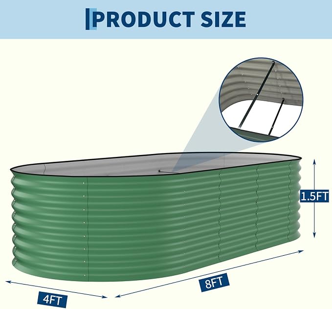 Garvee 2 Pack 8x4x1.5ft Galvanized Raised Garden Bed Kit, Oval Metal Planter Boxes with Anti-Cut Safety Edges, Rust-Resistant Deep Root Planters for Outdoor Vegetables, Flowers, Herbs, Green