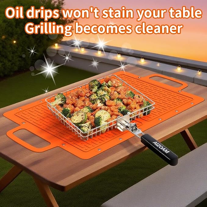 Large Silicone Grill Mat, Heat Resistant Non-Slip BBQ Mat, Foldable Grill Side Shelf Pad with Snap Buttons, Food-Grade, Convertible Storage Bag for BBQ Utensils & Accessories, Orange