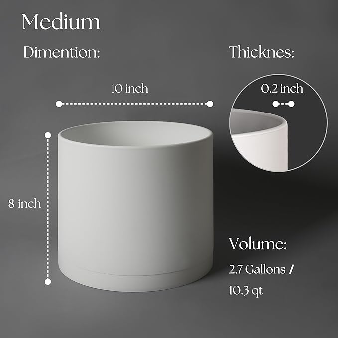 Giraffe Creation 10 Inch Cylinder Plant Pot, Modern Round Planter with Drainage Holes and Saucer, Lightweight Plastic Flower Pot for Indoor Outdoor Plants, White
