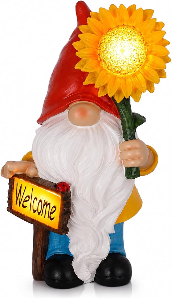 Solar Garden Gnome Outdoor Statue, 11.8" Resin Outdoor Gnome Garden Decor with Lighted Sunflower and Welcome Sign for Yard Patio Porch Lawn Decorations, Garden Gifts for Housewarming and Festivals