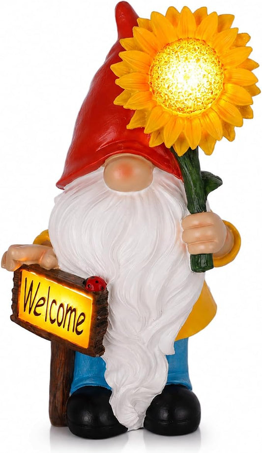 Solar Garden Gnome Outdoor Statue, 11.8" Resin Outdoor Gnome Garden Decor with Lighted Sunflower and Welcome Sign for Yard Patio Porch Lawn Decorations, Garden Gifts for Housewarming and Festivals