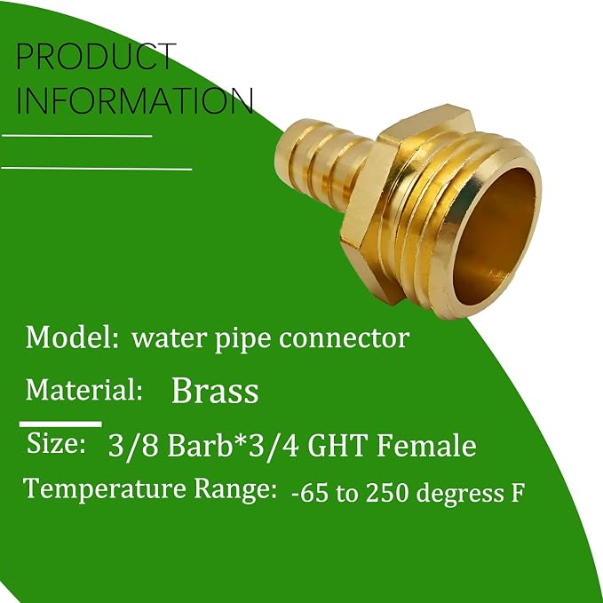 Brass Garden Hose Adapter Fitting, 3/8” Barb and 3/4” GHT Male Connector, Heavy-Duty High-Pressure Support, Rust and Corrosion Resistant (4PCS)