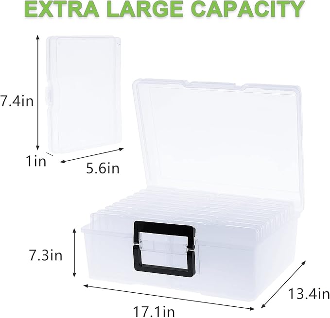 Photo Storage Box 5" x 7", 18 Inner Extra Large Photo Organizer Container, Plastic Craft Storage Box with Handle for Pictures Stickers Stamps Seeds