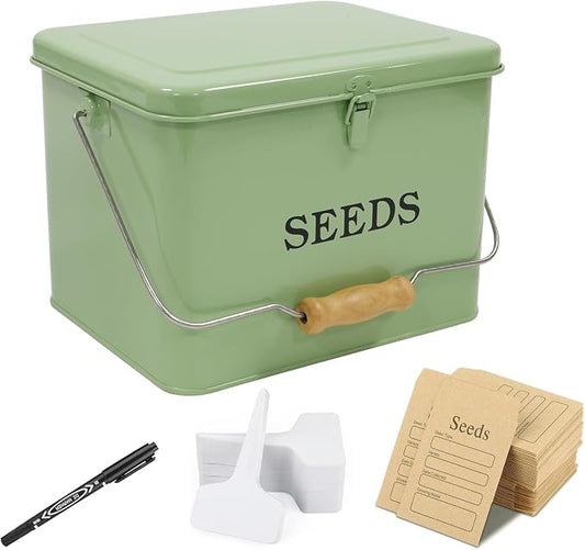 Seed Storage, Metal Seed Box with Safety Lock & Handle, 3 Dividers Seed Organizer Seed Container Storage, Professional All-in-one Kit with 1 Pen, 20 Plant Labels and 50 Seed Envelopes, Green