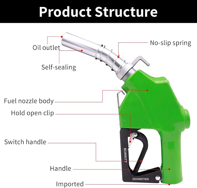 1" Inch NPT Green Automatic Fuel Nozzle Heavy Auto Shut-Off Aluminum Alloy Diesel Petrol Fuel Transfer Pump Nozzle W/Three Notch Hold Open Clip The Max Flow Rate 32 GPM Not for gravity tank