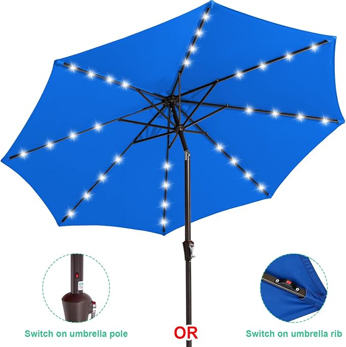 JEAREY 9FT Outdoor Patio Umbrella with Solar Lights, LED Lighted Pool Umbrella with Tilt and Crank, Outdoor Table Umbrellas for Deck, Yard & Market (Royal Blue)