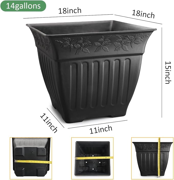 BTPLASTIK 18 inch Large Square Planter for Plants - 4 Pack Decorative Black Plastic Flower Pots with Drainage Holes & Raised Base, 14 Gallon Vintage Garden Pot for Outdoor, Patio, Porch (15" Tall)