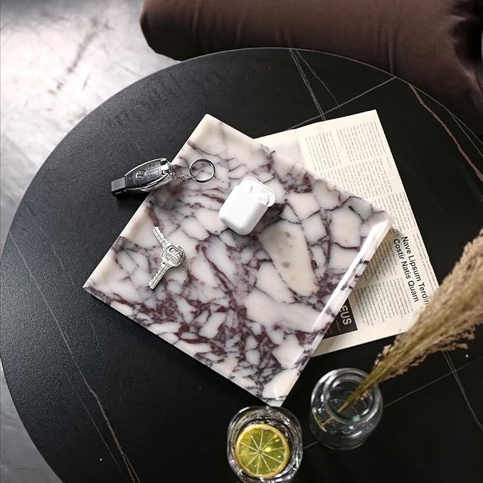 DUANYAN Natural Marble Tray, Coffee Table, Food, Fruit, Paper Cup, Cake Display, Coffee bar, Family Gatherings, Seasonal Holiday Decoration Tray(Viola-square-9.8"x9.8"x0.7")