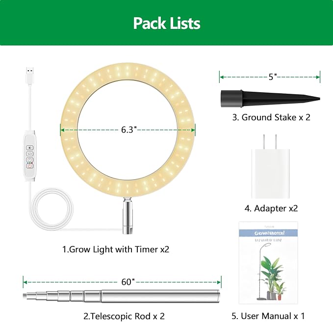 SDOVUERC Full Spectrum Grow Lights for Indoor Plants – Adjustable Height Plant Lamp with Wood‑Grain Finish, 6/12/18H Timer, 3 Color Modes, Perfect Plant Lights for Houseplants Growing(Pack 2)