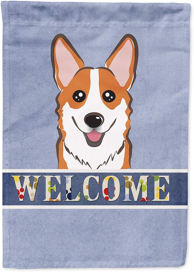 Caroline's Treasures BB1440CHF Red Corgi Welcome House Flag, Blue Large Porch Sleeve Pole Decorative Outside Yard Banner Artwork Wall Hanging, Polyester, House Size, Multicolor