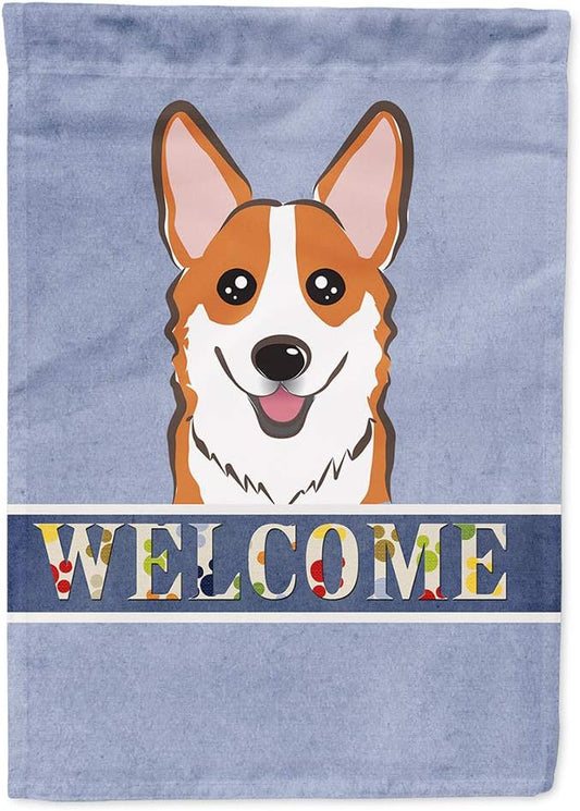 Caroline's Treasures BB1440CHF Red Corgi Welcome House Flag, Blue Large Porch Sleeve Pole Decorative Outside Yard Banner Artwork Wall Hanging, Polyester, House Size, Multicolor
