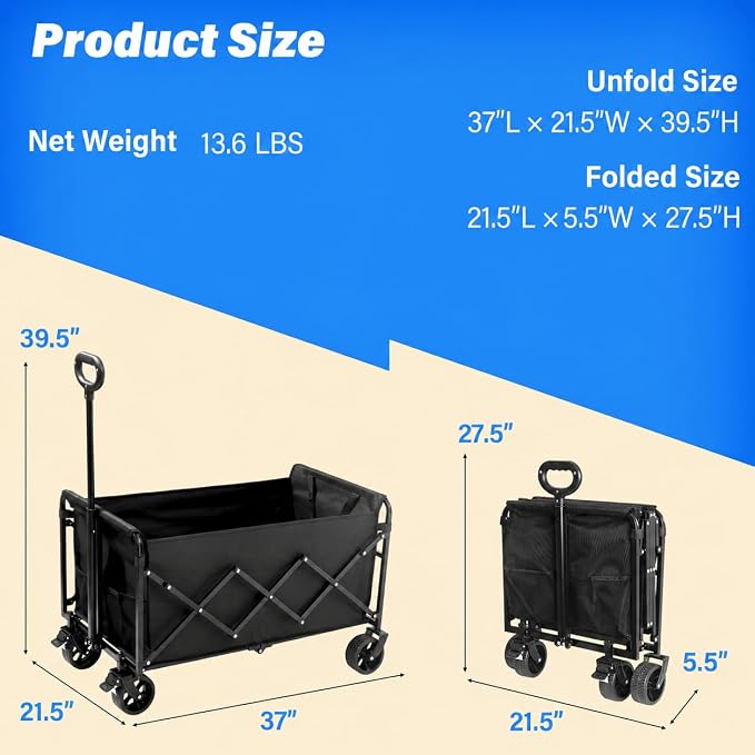 Wagons Carts Foldable, 500 lb 220L Collapsible Wagon with Brakes | Folding Wagon Cart with brakes, compact folding design and large storage for camping, groceries, sports and outdoor hauling