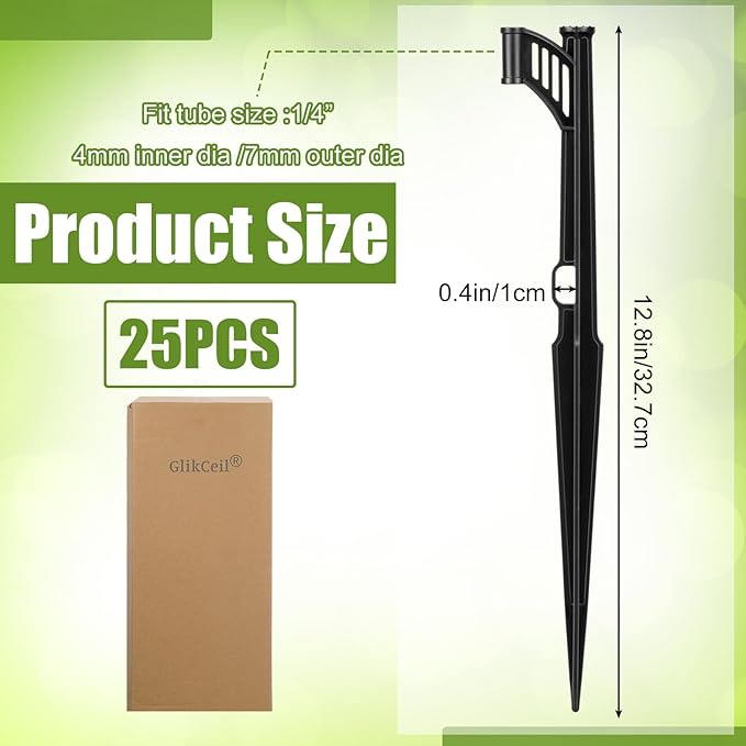 GlikCeil 25 Pcs 12.8" Irrigation Drip Support Stakes 1/4 Inch Tubing Hose Holder Adjustable Riser Drip Lines Ground Stakes for Micro Sprinkler Gardens Irrigation Supplies