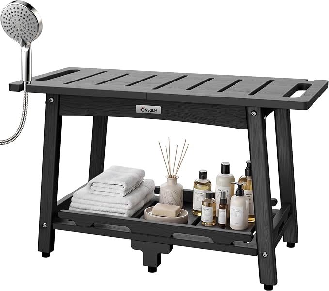 28" Extra Large Shower Bench, HDPE Waterproof Shower Chairs Seat, Adjustable and Non-Slip Feet, Shower Stool for Inside Shower to Sit On, Indoor/Outdoor Use, As Porch Bench, Garden Entryway, Black