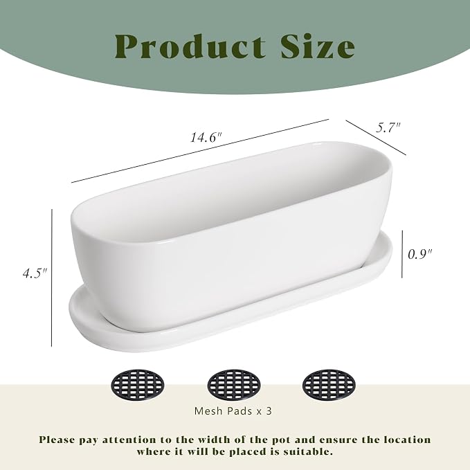 E-liu Oval Ceramic Planter Pot with Drainage Hole Saucers 14 Inch Succulents Planter Home Decor for Indoor Outdoor Plants Herb Cactus with 3 Mesh Pads, Plants Not Included, Black