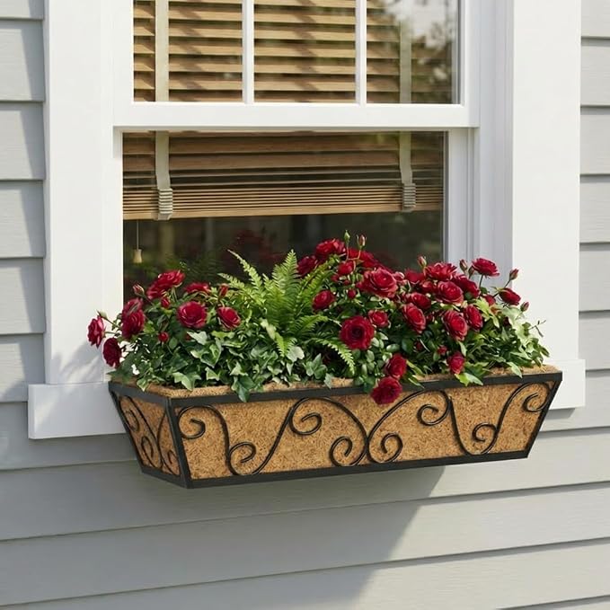 Y&M Railing Planter Boxes 24 Inch-4 Pcs, Adjustable Hanging Planters for Railing with Coco Liner, Heavy Duty Window Box Planters for Balcony, Deck, Porch, Patio