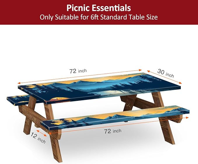 Picnic Table Cover with Bench Covers 6FT 3PCS, Camping Essentials Waterproof Windproof Tablecloth with Drawstring Bag, Fitted Rectangle Tables and Seats, 72", Lakeside Ember
