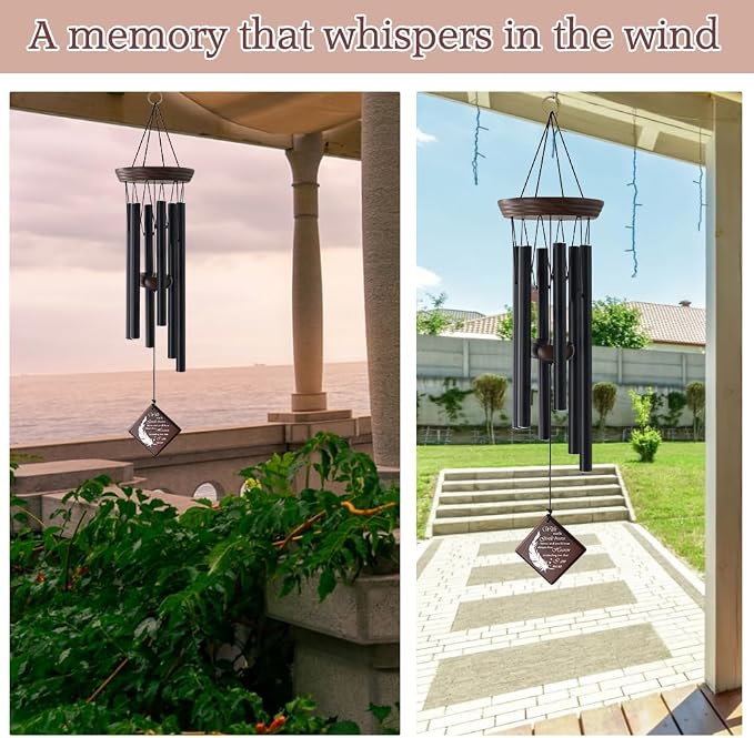 ASTARIN Memorial Wind Chimes for Outside, Sympathy Gift for Loss of Loved One, 28.3 Inch Black Aluminum Wind Chime with Pine Wood and Double-Sided Printed Wind Sail